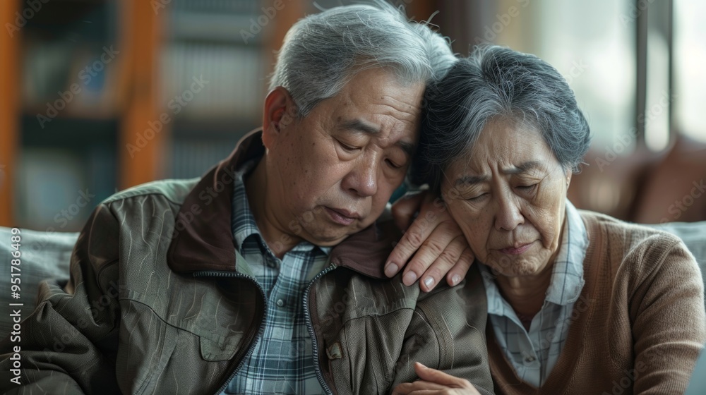 Elderly couple sitting on a couch with closed eyes, expressing sadness. Man rests head on woman's shoulder, creating an intimate, reflective scene. Elderly couple sitting on a couch with closed eyes, expressing sadness. Man rests head on woman's shoulder, creating an intimate, reflective scene.