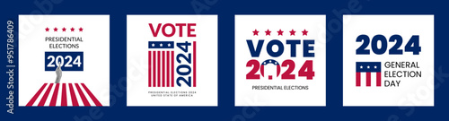 Vote 2024. Presidential elections United States of America posters set. Halftone collage womans hand in retro pop art style. Red, blue, white colors. Vector illustration