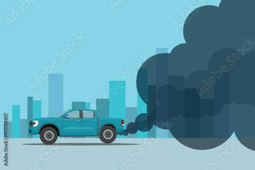 Vector illustration of car exhaust pollution in the city. Automobile exhaust pollutes cities, saving energy and reducing emissions. Polluted air environment at city, vehicle traffic and toxic smog