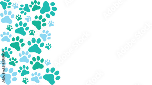 Seamless blue and green colors dog or cat paw prints. Animals print border frame with copy space for backgrounds, patterns, websites, showcases design, greeting cards, child prints, wallpapers, etc