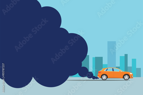 Vector illustration of car exhaust pollution in the city. Automobile exhaust pollutes cities, saving energy and reducing emissions. Polluted air environment at city, vehicle traffic and toxic smog