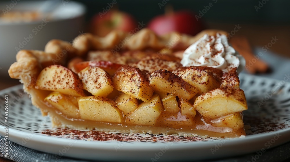 Zoom in on a slice of classic apple pie, showcasing the flaky crust, tender apples, and warm cinnamon spice. Zoom in on a slice of classic apple pie, showcasing the flaky crust, tender apples, and warm cinnamon spice.