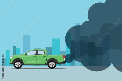 Vector illustration of car exhaust pollution in the city. Automobile exhaust pollutes cities, saving energy and reducing emissions. Polluted air environment at city, vehicle traffic and toxic smog