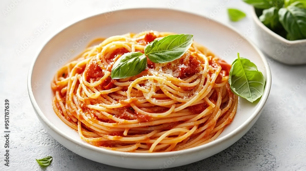 
A white bowl of tomato pasta with basil leaves on the side, sitting on an isolated light gray background. 