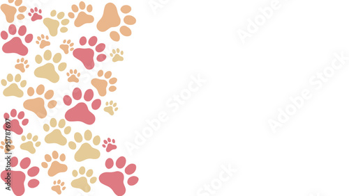 Seamless pink and neutral colors dog or cat paw prints. Animals print border frame with copy space. For backgrounds, patterns, websites, showcases design, greeting cards, child prints, wallpapers, etc