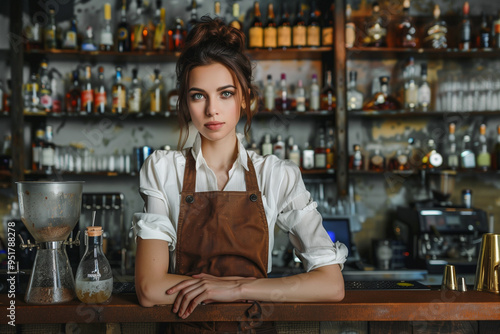 Attractive Female Bartender in Professional Setting. Concept of Hospitality and Service. Generative AI