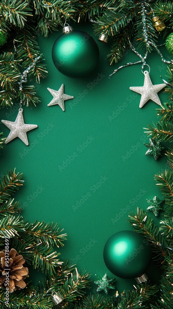 Green Christmas Ornament Frame with Pine Branches and Stars Green Christmas Ornament Frame with Pine Branches and Stars