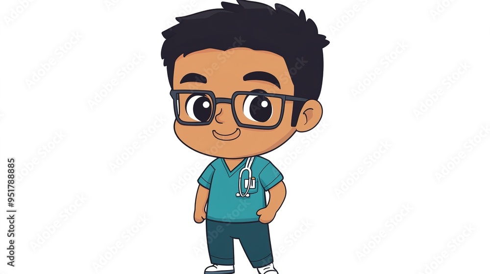 Chibi Dark Male Filipino Nurse with Eyeglasses, Dressed in Hospital Scrubs. A Cute and Playful Representation of Healthcare Professionals, Perfect for Illustrations, Healthcare Themes, Chibi Dark Male Filipino Nurse with Eyeglasses, Dressed in Hospital Scrubs. A Cute and Playful Representation of Healthcare Professionals, Perfect for Illustrations, Healthcare Themes,