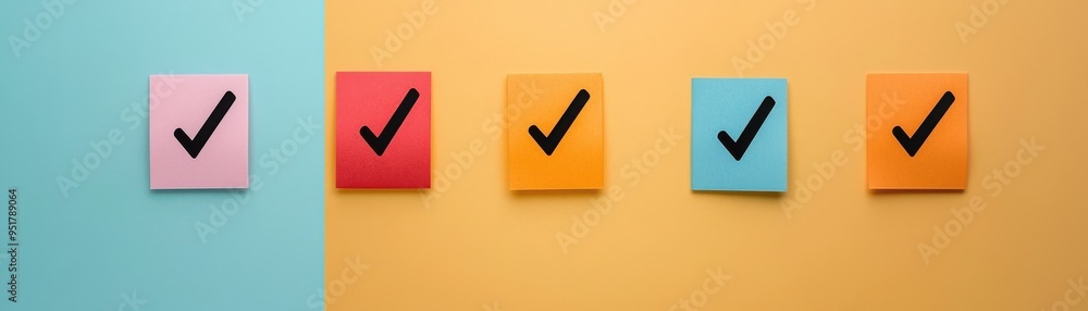 Colorful sticky notes on a vibrant background with check marks, ideal for organization and productivity concepts. Colorful sticky notes on a vibrant background with check marks, ideal for organization and productivity concepts.