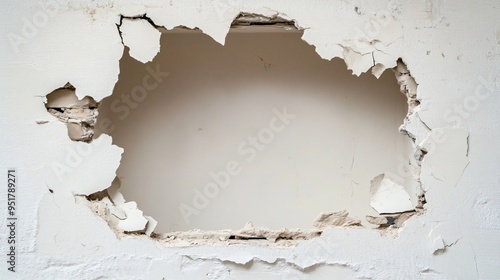 A large hole in a plaster wall showing broken lath and plaster around the edges