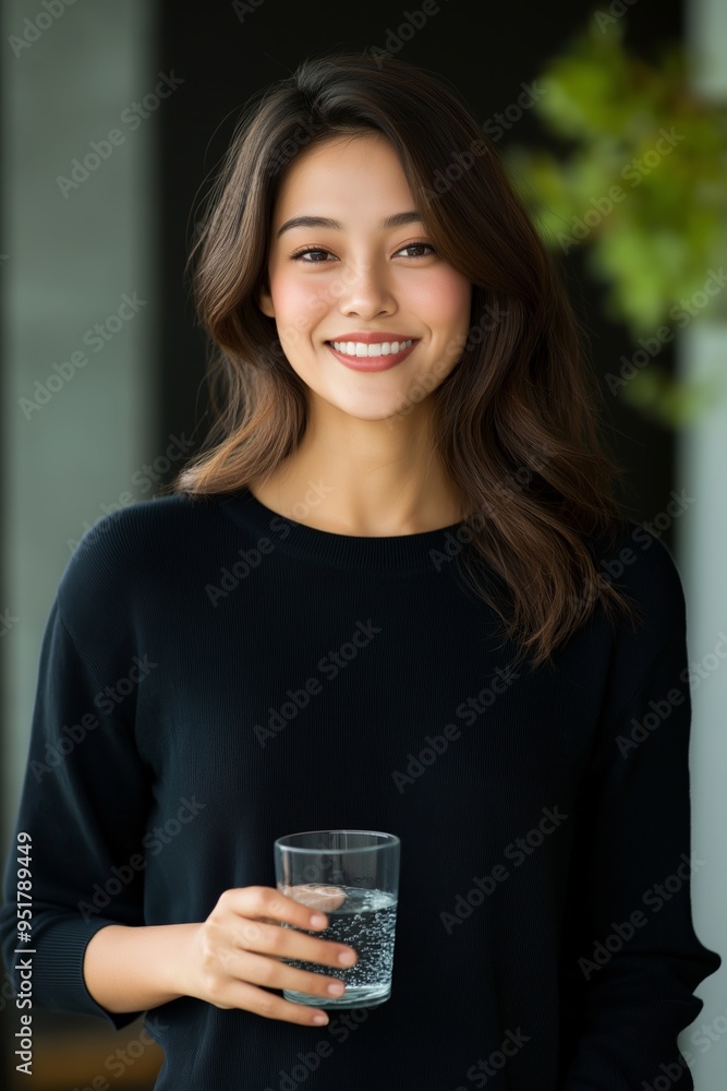 Smiling woman in a black sweater holding a glass of water, embodying health and happiness in a modern indoor setting. Smiling woman in a black sweater holding a glass of water, embodying health and happiness in a modern indoor setting.