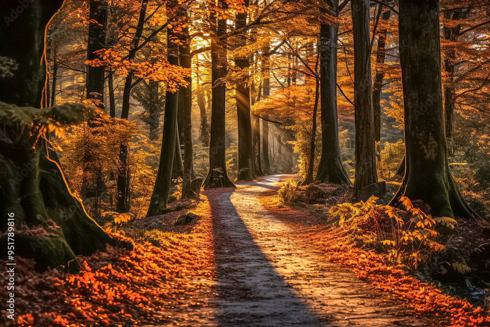 Fototapeta premium Weg durch einen schön gefärbten Laubwald im Herbst, Generative AI