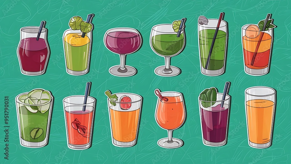 Set of different drinks on bright background Set of different drinks on bright background
