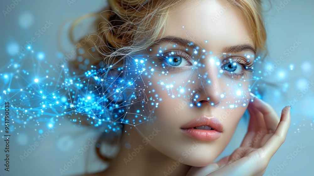 In the spirit of a humorous advertising campaign, a stunning young woman gestures towards a sky-blue box featuring playful icons In the spirit of a humorous advertising campaign, a stunning young woman gestures towards a sky-blue box featuring playful icons