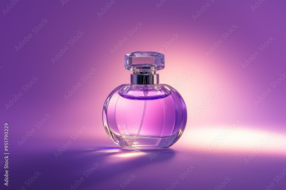 Elegant glass perfume bottle with purple liquid on a lit gradient background, perfect for beauty and fragrance concepts. Elegant glass perfume bottle with purple liquid on a lit gradient background, perfect for beauty and fragrance concepts.