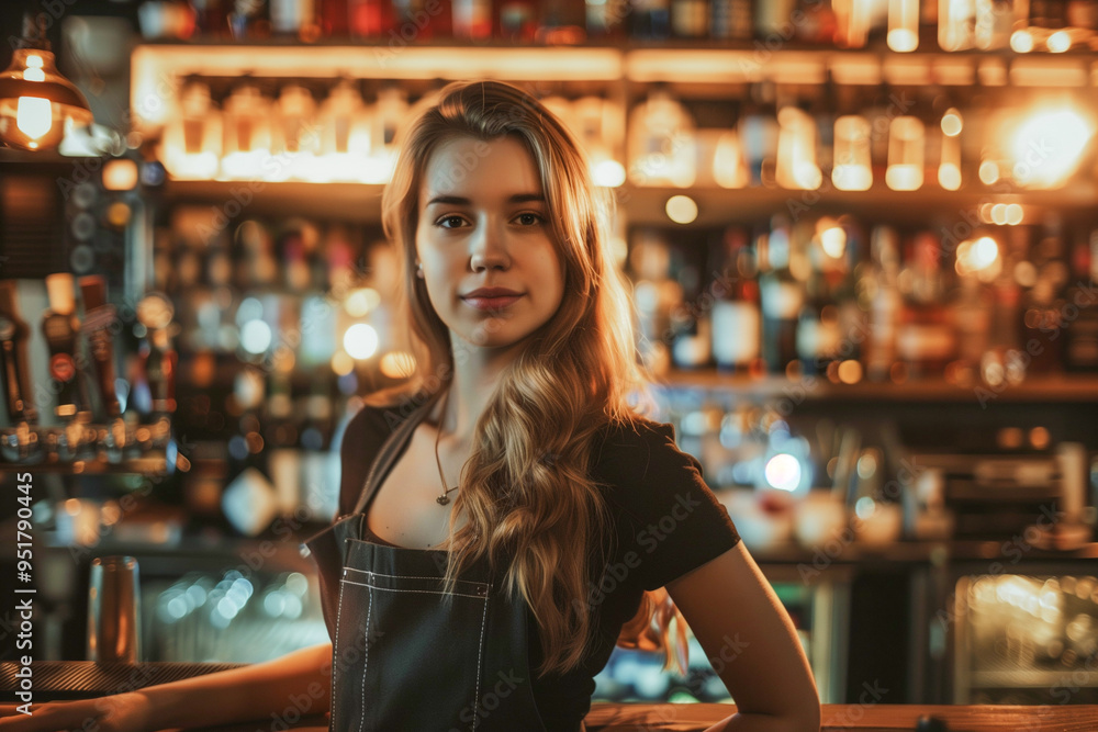 Attractive Female Bartender in Professional Setting. Concept of Hospitality and Service. Generative AI Attractive Female Bartender in Professional Setting. Concept of Hospitality and Service. Generative AI