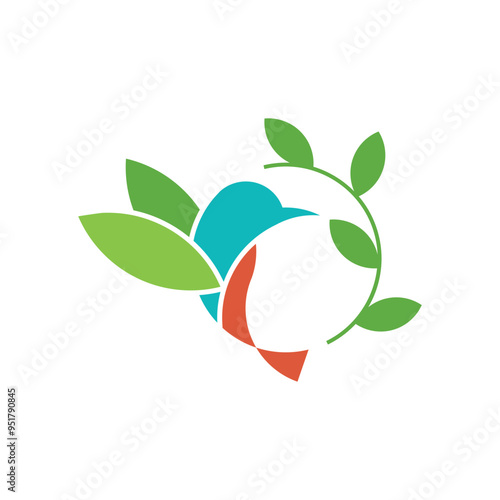 Colorful Hummingbird and leaves Logo Concept