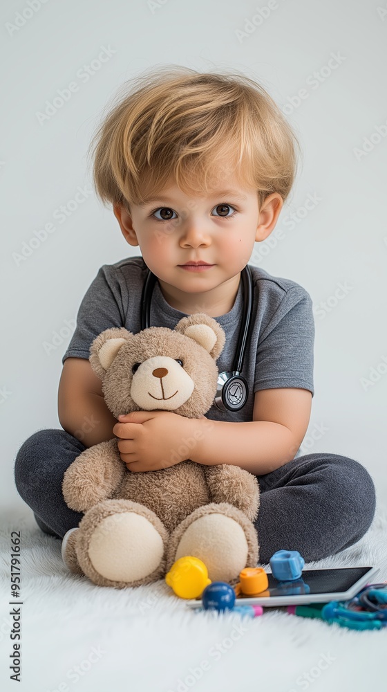 Adorable toddler with a teddy bear, sitting on the floor, surrounded by toys. Capturing innocence and childhood moments. Adorable toddler with a teddy bear, sitting on the floor, surrounded by toys. Capturing innocence and childhood moments.