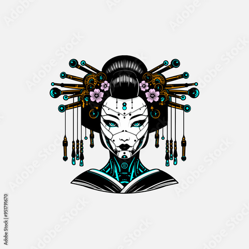 Japanese lady geisha head artwork illustration