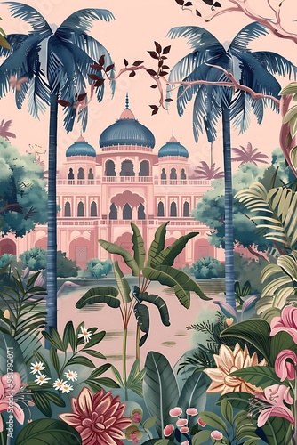 Traditional Mughal Garden, arch peacock illustration for wallpaper. Mughal Garden, Water lily and swan in a beautiful lake 