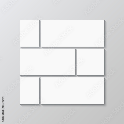 Photo collage brandboard template. Mood board background. Gallery banner. Scrapbook square layout. Album moodboard grid. Portfolio images mockup. Mosaic picture frame. Vector illustration