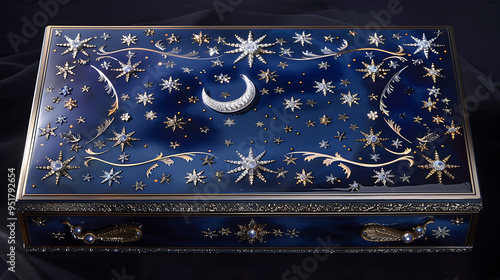 A luxurious blue jewelry box adorned with intricate gold designs and sparkling diamonds, featuring a crescent moon and stars, creating a celestial and elegant aesthetic. photo