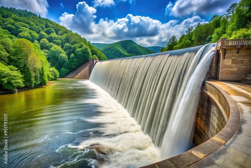 Curved curtain of water flowing over level dam at Lake Sequoyah, Cullasaja River in Highlands, North Carolina photo