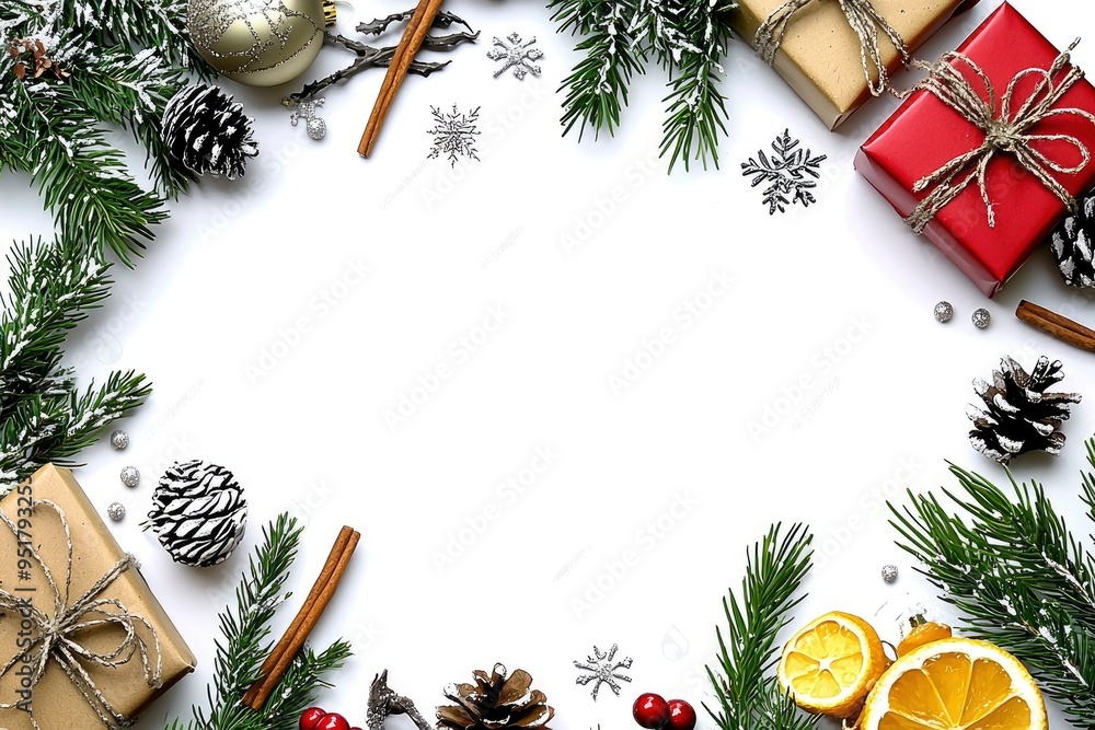 Christmas Frame with Pine Branches, Gift Boxes, and Decorations on White Background Christmas Frame with Pine Branches, Gift Boxes, and Decorations on White Background