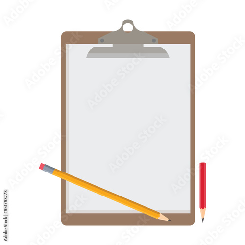 Vector illustration of wooden clipboard with blank document in cartoon flat stye. White paper with pencil, eraser, business stationery supply icon, 