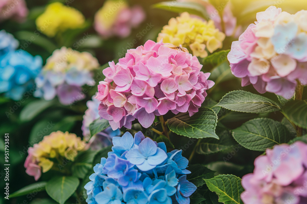 Fototapeta premium Close-Up of Blooming Pastel Hydrangea Flowers in Garden. Concept of Floral Beauty and Garden Design. Generative AI
