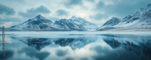 Wallpaper Mural Snow-capped peaks reflecting in a frozen lake, with soft winter light illuminating the scene, Majestic, Cool Tones, Wide Shot Torontodigital.ca
