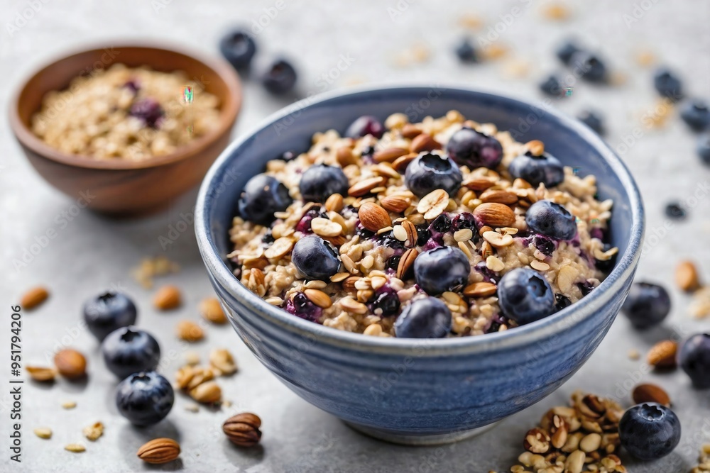 Blueberry Oatmeal: Overhead view of a bowl of blueberry oatmeal topped with fresh blueberries and a sprinkle of nuts, placed on a plain white surface Blueberry Oatmeal: Overhead view of a bowl of blueberry oatmeal topped with fresh blueberries and a sprinkle of nuts, placed on a plain white surface