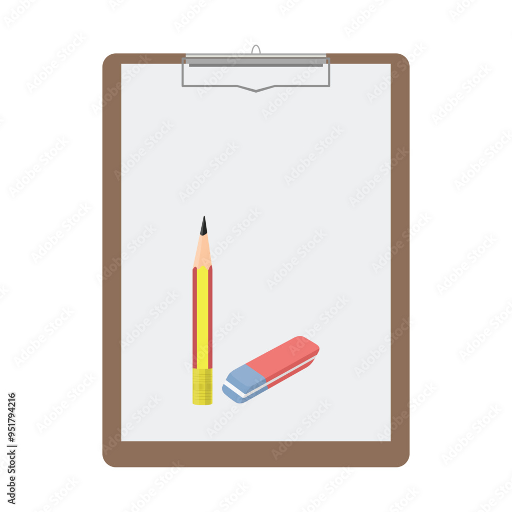 Vector illustration of wooden clipboard with blank document in cartoon flat stye. White paper with pencil, eraser, business stationery supply icon, Vector illustration of wooden clipboard with blank document in cartoon flat stye. White paper with pencil, eraser, business stationery supply icon,