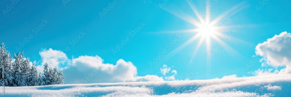 Bright Winter Day with Sunlight over Snowy Landscape, Ideal Background with Copyspace for Seasonal Themes Bright Winter Day with Sunlight over Snowy Landscape, Ideal Background with Copyspace for Seasonal Themes