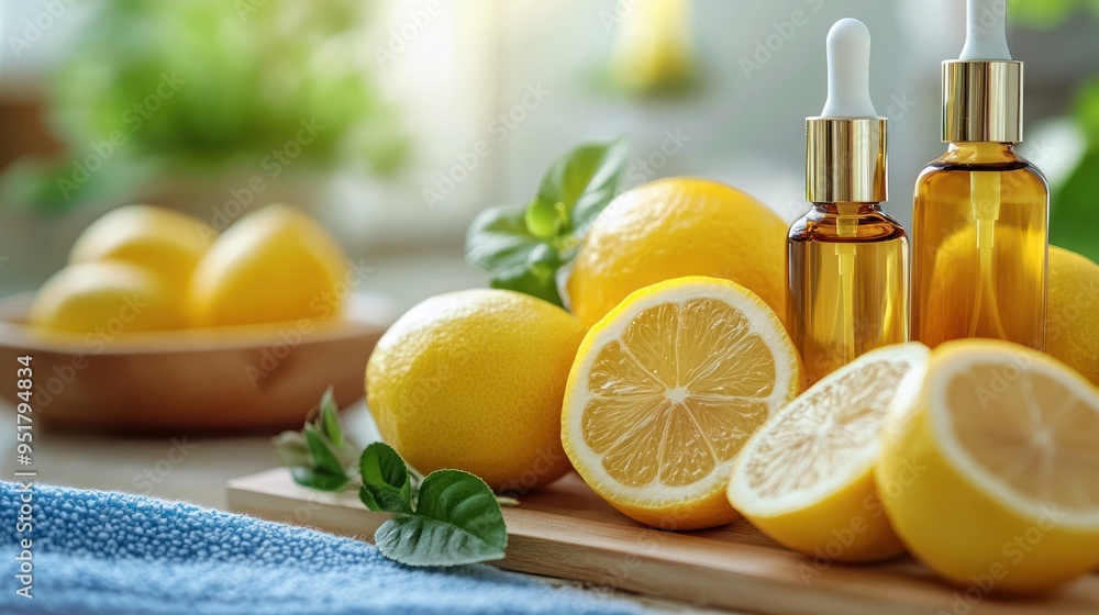 Fresh Lemon Essential Oil Bottles with Lemons Fresh Lemon Essential Oil Bottles with Lemons