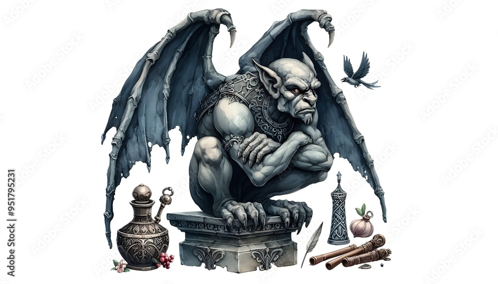Fototapeta premium Gargoyle, watercolor clipart illustration with isolated background.