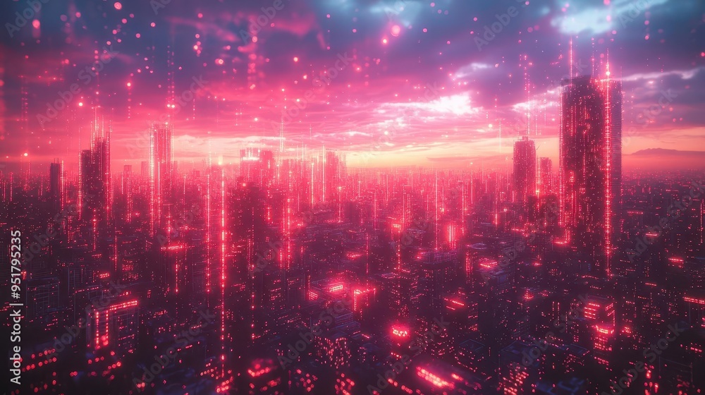 Fototapeta premium glitching cyberpunk cityscape fractured neon grid overlays retro 80s color palette digital artifacts holographic projections abstract geometric shapes data streams