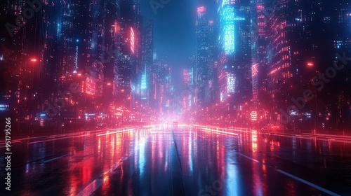 glitching cyberpunk cityscape fractured neon grid overlays retro 80s color palette digital artifacts holographic projections abstract geometric shapes data streams