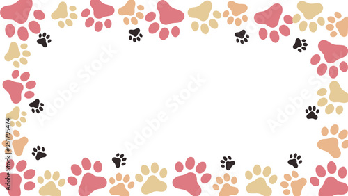 Seamless colorful pink and neutral color dog or cat paw prints. Animal print border frame with copy space for backgrounds, patterns, websites, showcases design, greeting cards, child prints, wallpaper