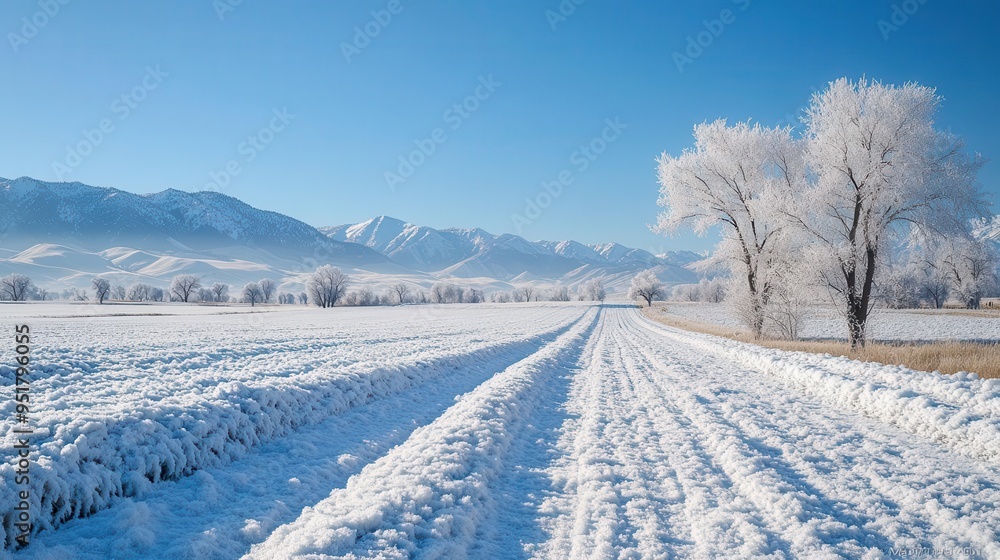 Snow-covered farm fields stretching out under a clear winter sky, with distant mountains and frosty trees, creating a serene winter landscape, Serene, Cool Tones, Wide Angle Snow-covered farm fields stretching out under a clear winter sky, with distant mountains and frosty trees, creating a serene winter landscape, Serene, Cool Tones, Wide Angle