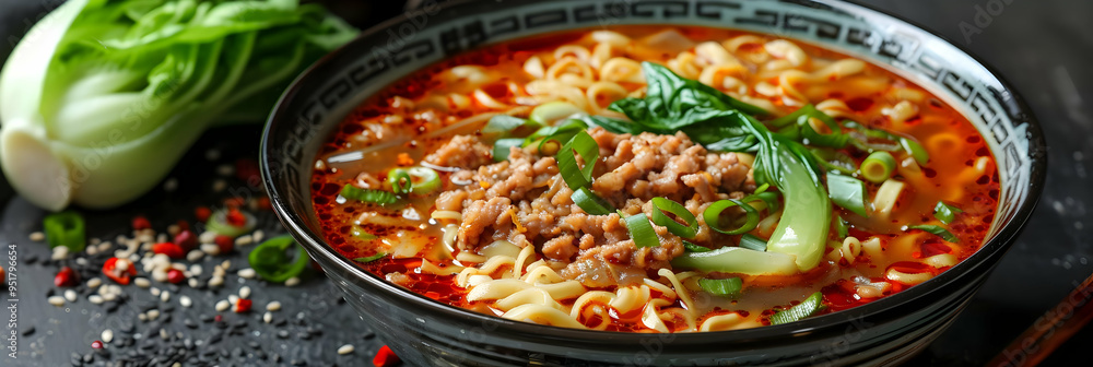 Spicy Pork Noodle Soup in Black Bowl - Realistic Food Photography Spicy Pork Noodle Soup in Black Bowl - Realistic Food Photography