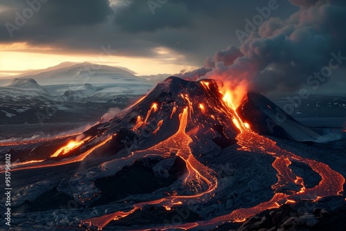 Molten lava flowing down the side of an erupting volcano at sunset