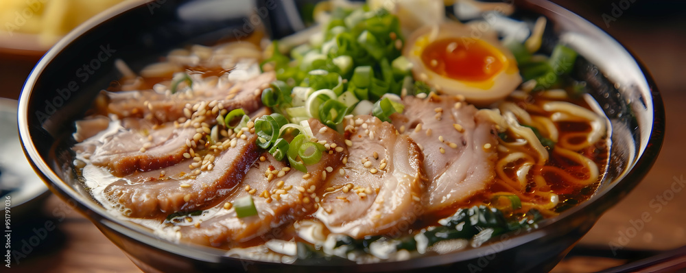 Delicious Ramen Bowl with Pork, Egg, and Green Onions - Food Photography Delicious Ramen Bowl with Pork, Egg, and Green Onions - Food Photography