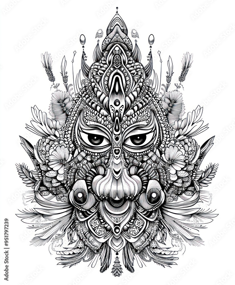 A detailed black and white illustration featuring intricate patterns and a central face. A detailed black and white illustration featuring intricate patterns and a central face.