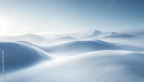 Snow-covered hills rolling gently across the landscape, with soft light illuminating the scene, Serene, Cool Tones, Wide Angle