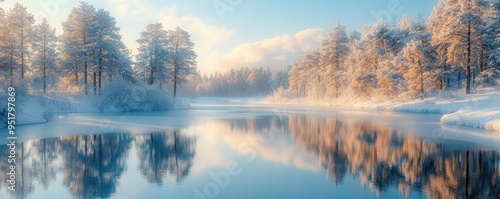 Snow-covered lake reflecting the surrounding snow-covered trees, with soft winter light illuminating the scene, Serene, Cool Tones, Wide Angle