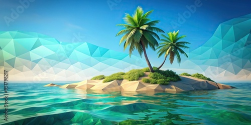 Asymmetrical tropical landscape with turquoise water, palm-covered island, low poly clouds