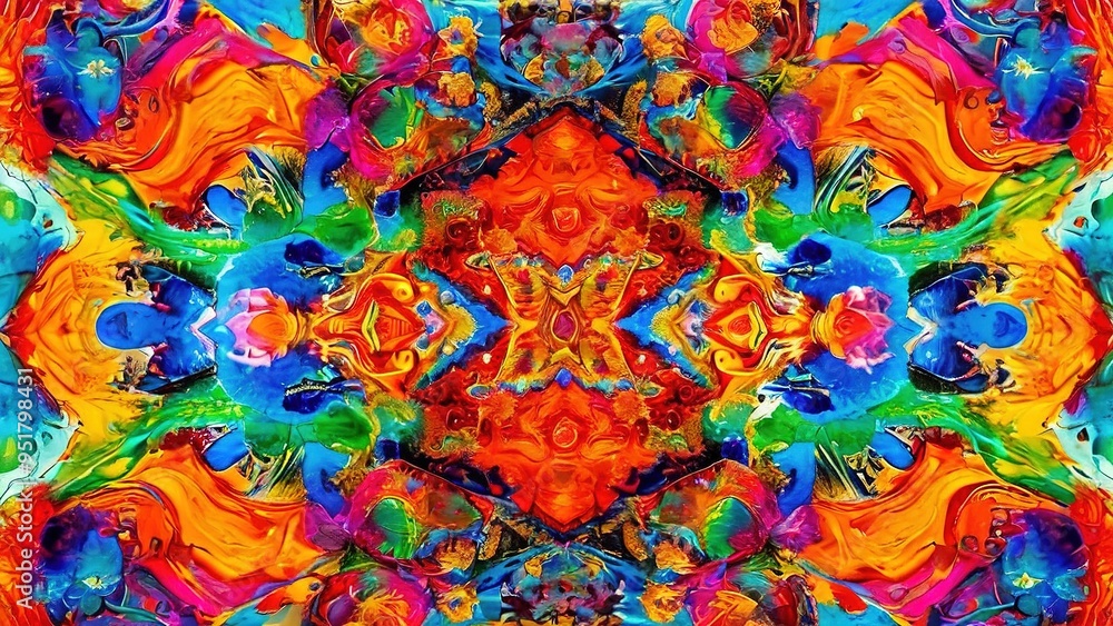 Fototapeta premium Abstract symmetrical pattern with vibrant colors and a central diamond shape.