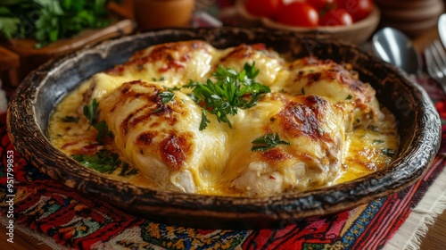 Bulgarian national cuisine: Chicken with cheese. photo