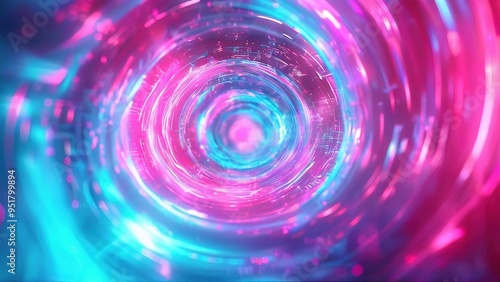 A swirling tunnel of pink and blue light with glowing particles, creating an abstract and hypnotic effect.